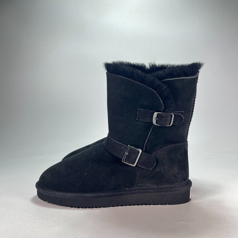 Black Suede Short Buckle Straps Pull On Winter Snow Mid Calf Boots Womens Size 9